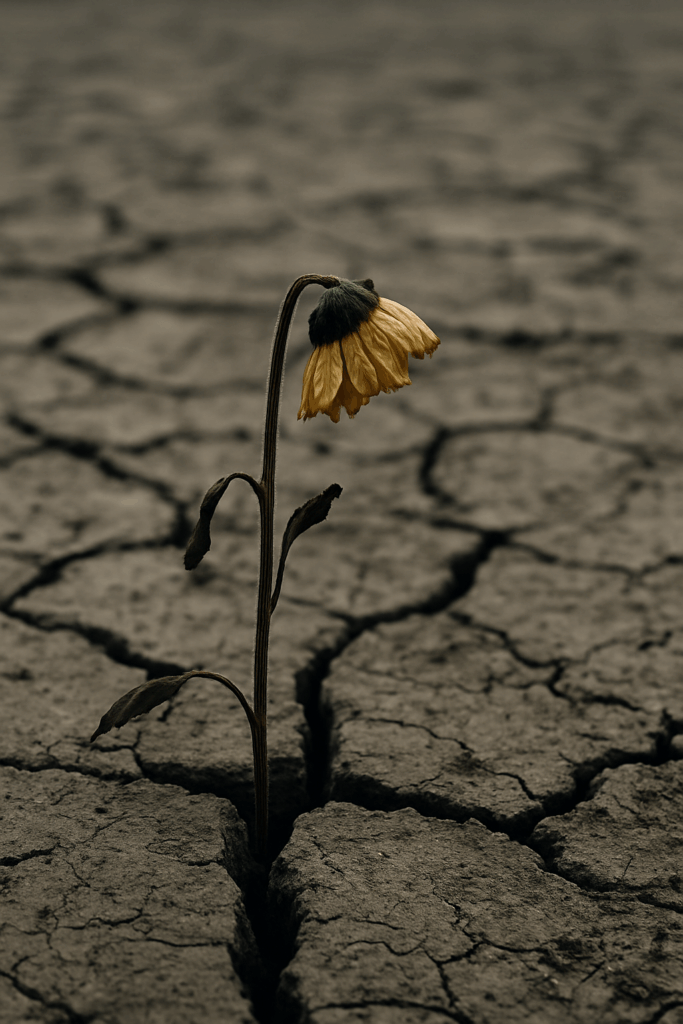 A single wilted yellow flower droops toward cracked, dry earth. Deep fissures stretch across the barren ground under a muted, gray sky, capturing a sense of fragile survival in a harsh, unforgiving landscape.