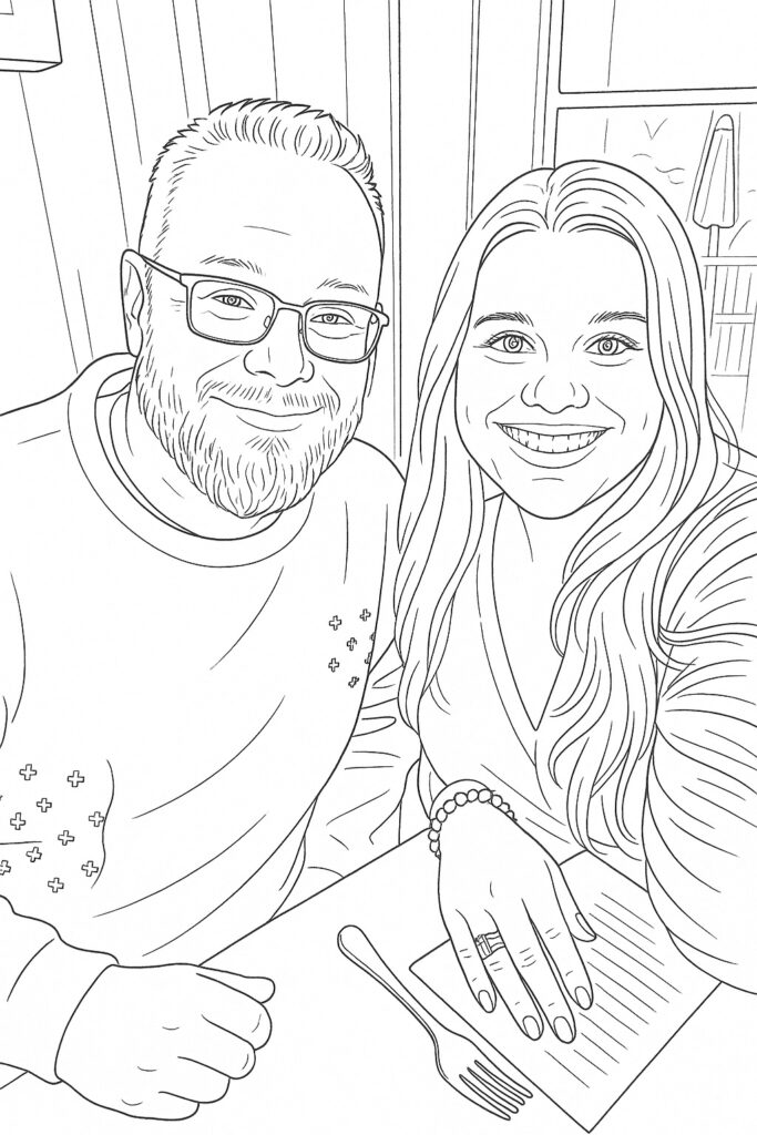 A black-and-white coloring page illustration of a smiling couple seated together at a restaurant table. The man has short hair, glasses, and a beard, wearing a sweatshirt with small cross patterns. The woman has long hair and a wide smile, wearing a V-neck top and a beaded bracelet. She rests one hand on a piece of paper with lines resembling a menu, showing a bold ring on her finger. Behind them is a wooden wall and a window with an outdoor umbrella and railing faintly visible. A fork lies on the table in front of them.