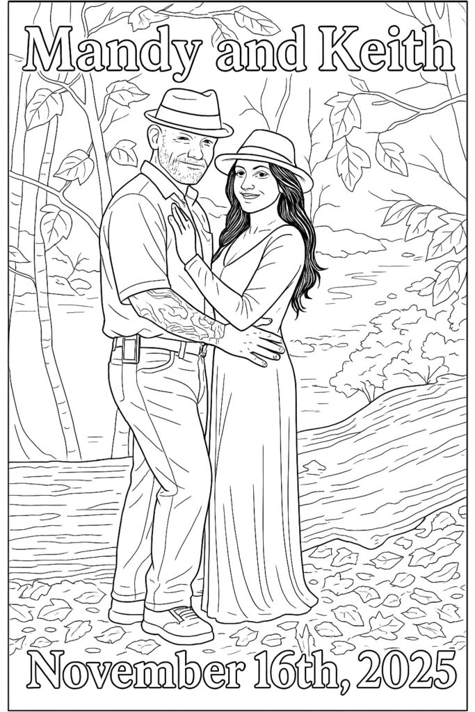 A black-and-white coloring page illustration of a couple standing in a wooded outdoor scene with fallen leaves and a large tree in the background. The man, wearing a short-sleeved shirt, pants, sneakers, and a fedora, has a beard and visible tattoos on his arm. The woman wears a long dress and a wide-brimmed hat, with one arm around the man’s waist and the other on his chest. Above them, the text reads “Mandy and Keith,” and below their feet, it says “November 16th, 2025.”
