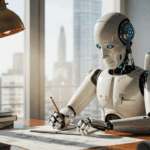 A humanoid robot with glowing blue eyes sits at a desk in a modern office, sketching on a notepad with a pencil. Sunlight streams through large windows overlooking a city skyline. The scene is calm and slightly humorous, capturing the robot’s serious focus as if it’s an artist or designer at work.