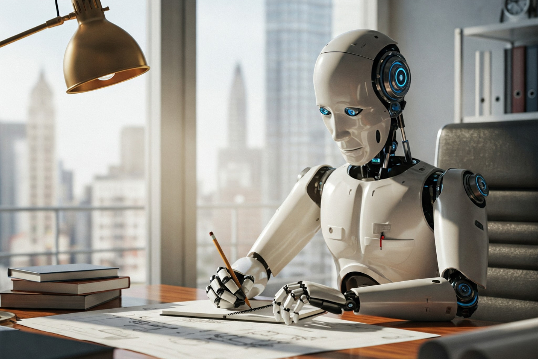 A humanoid robot with glowing blue eyes sits at a desk in a modern office, sketching on a notepad with a pencil. Sunlight streams through large windows overlooking a city skyline. The scene is calm and slightly humorous, capturing the robot’s serious focus as if it’s an artist or designer at work.